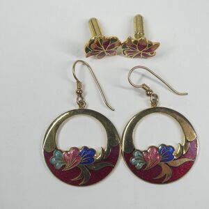 2 Pairs Enamel Earrings Vintage Floral 1980s 1990s Goldtone